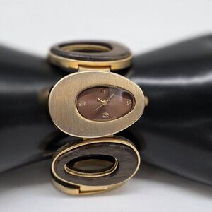 Boho Ladies Gold-Tone & Wood Oval Link Bracelet Watch Brown Dial Quartz Movement